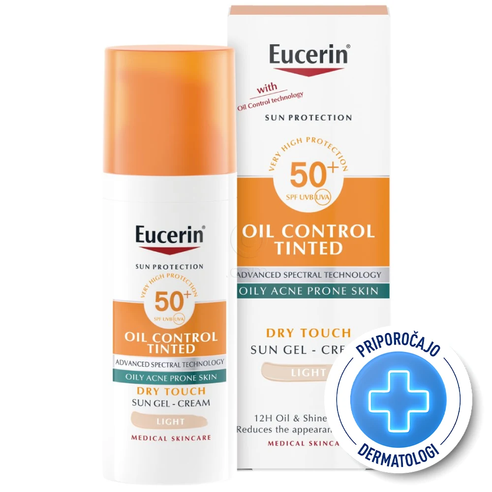 Eucerin Sun Oil Control Dry Touch, obarvan kremni gel za zaščito obraza pred soncem - light - ZF50+ (50 ml)